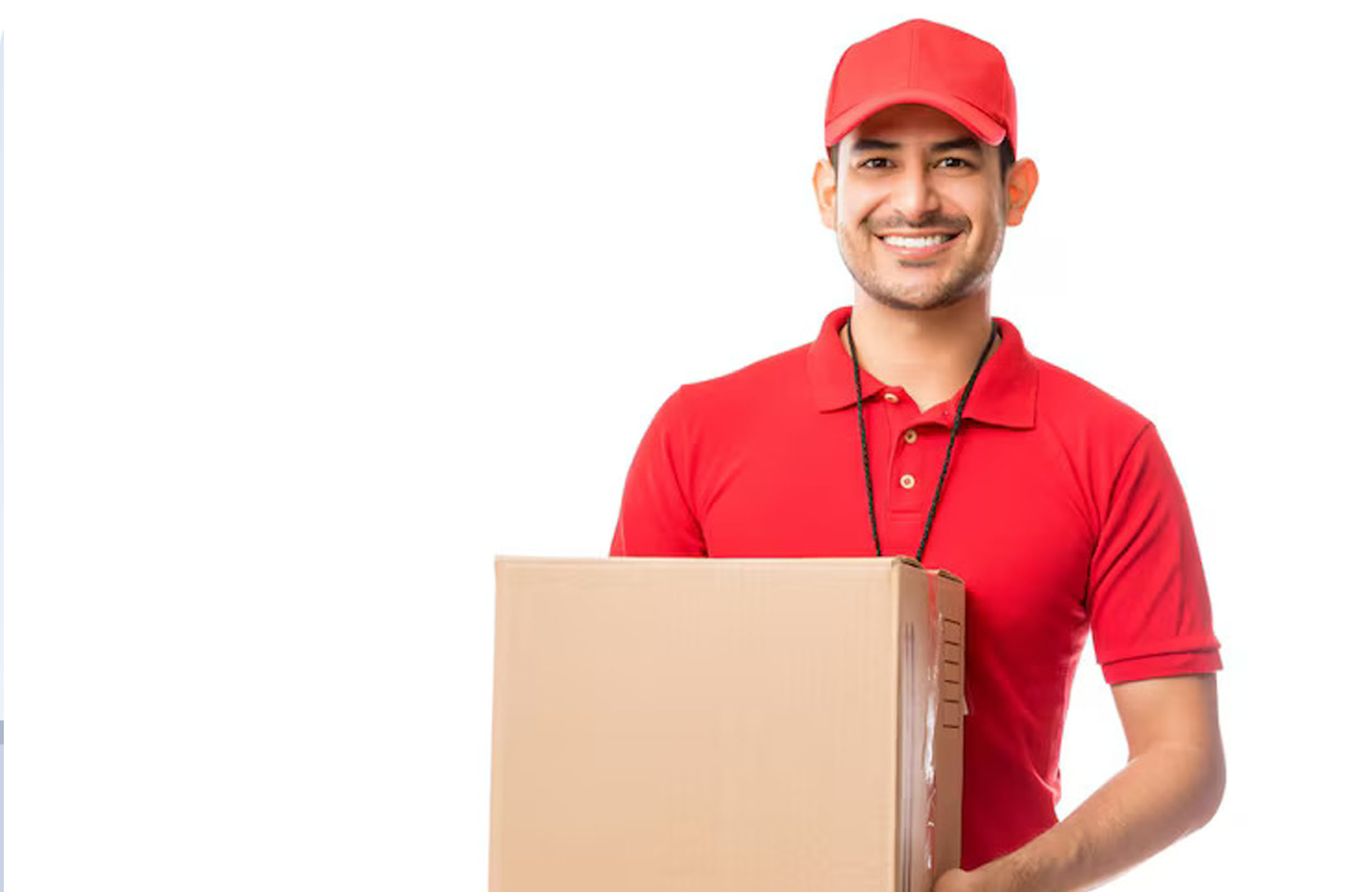 Courier carrying a parcel from a delivery van
